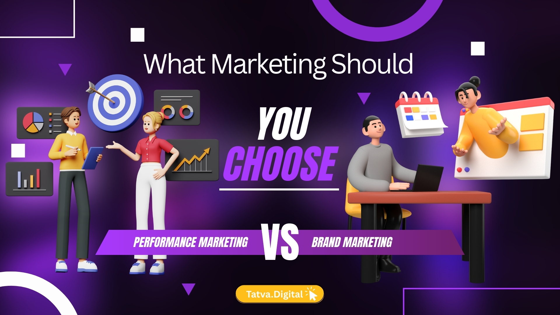 A visual comparison of brand marketing and performance marketing strategies to help businesses choose the right digital marketing approach
